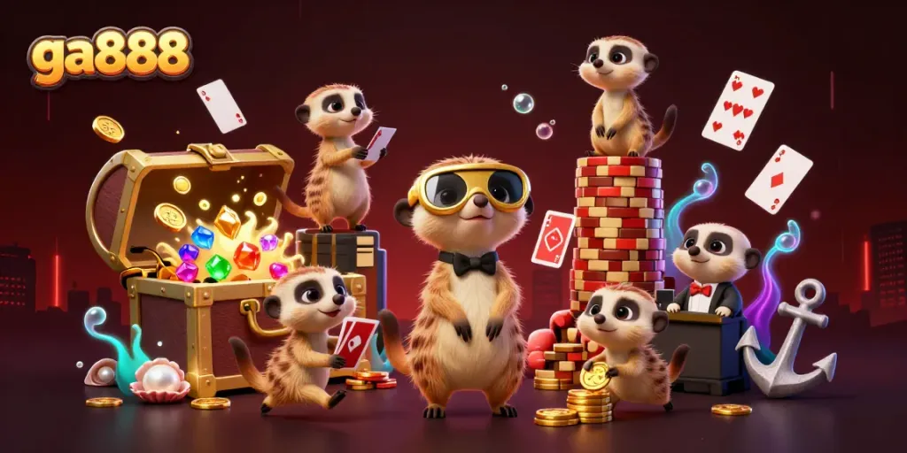 Play at ga888's vibrant online casino with animated meerkats running games and activities.