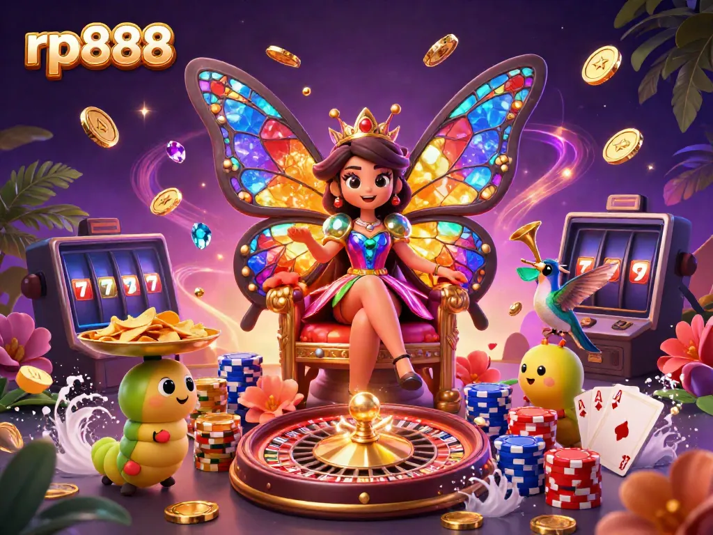 Experience rp888's vibrant casino world with a majestic butterfly queen and unique gaming elements.