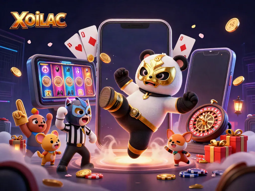 Experience the thrill of XOILAC with a lively scene showcasing a panda wrestler, exciting slot games, and an enthusiastic crowd.