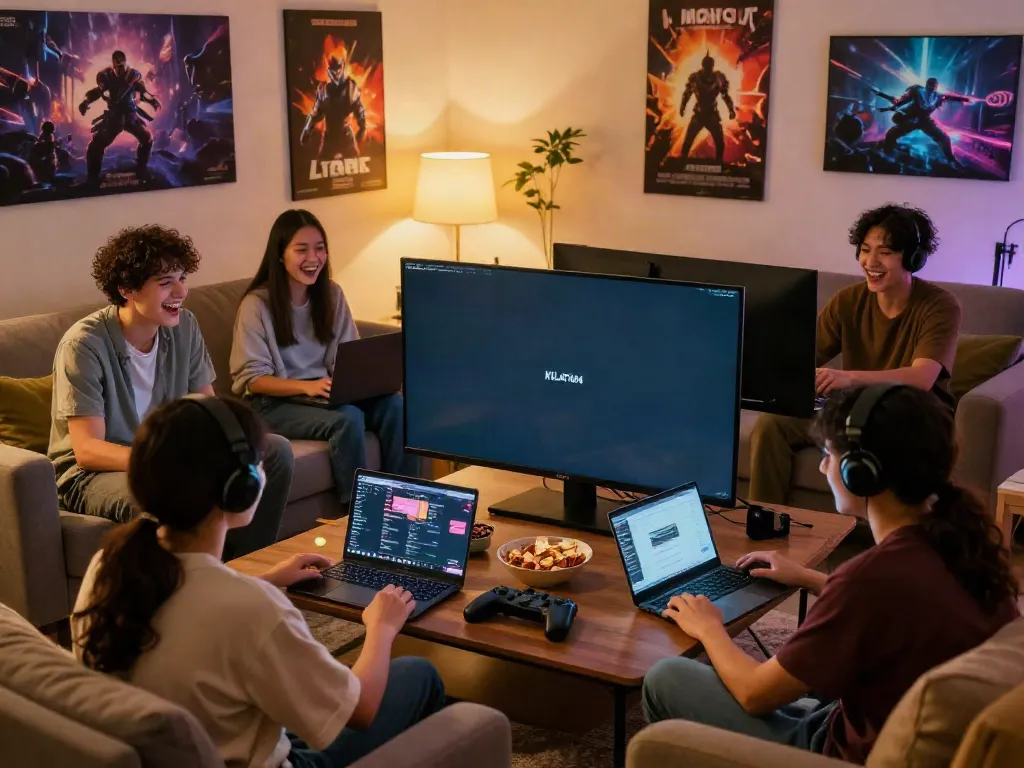 KILAT404 gaming scene featuring friends enjoying games together in a cozy living room.