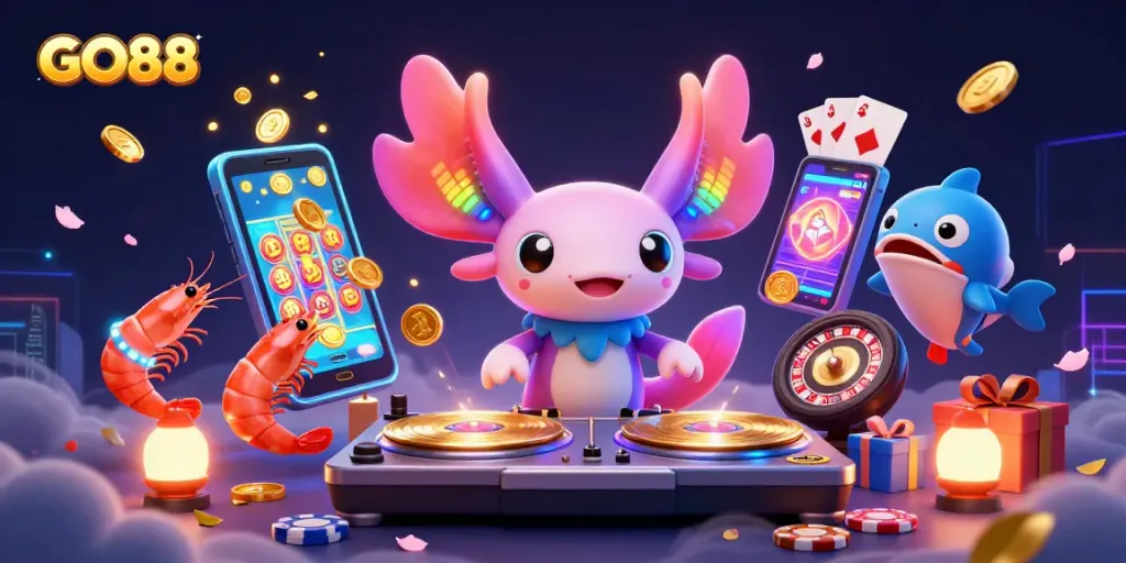 GO88's vibrant 3D scene with a neon axolotl DJ and dynamic casino elements, highlighting excitement.