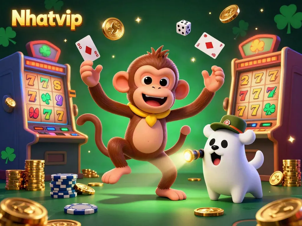 Nhatvip captures the excitement of a haunted casino experience featuring a charming monkey and puppy in action.
