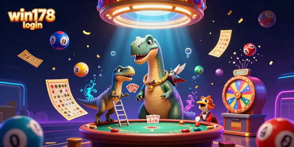 Experience excitement with win178 login in a vibrant casino scene featuring dinosaurs and lottery elements.