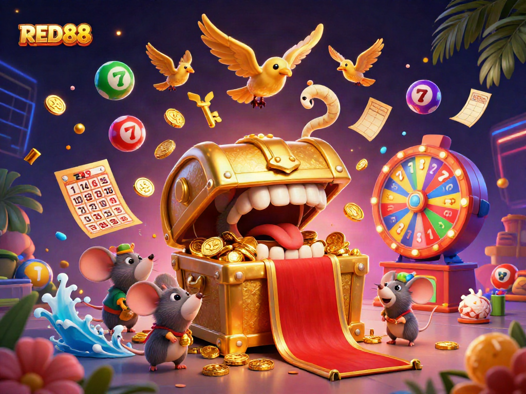Engage with dynamic RED88 slots and colorful elements in an ultra-detailed casino scene.