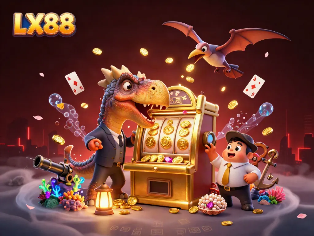 Experience the excitement of LX88 as characters celebrate a jackpot win with flying coins and vibrant casino elements.