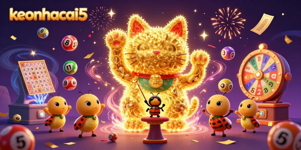 Experience the excitement of keonhacai5 with dynamic casino symbols and lottery elements in a vibrant illustration.