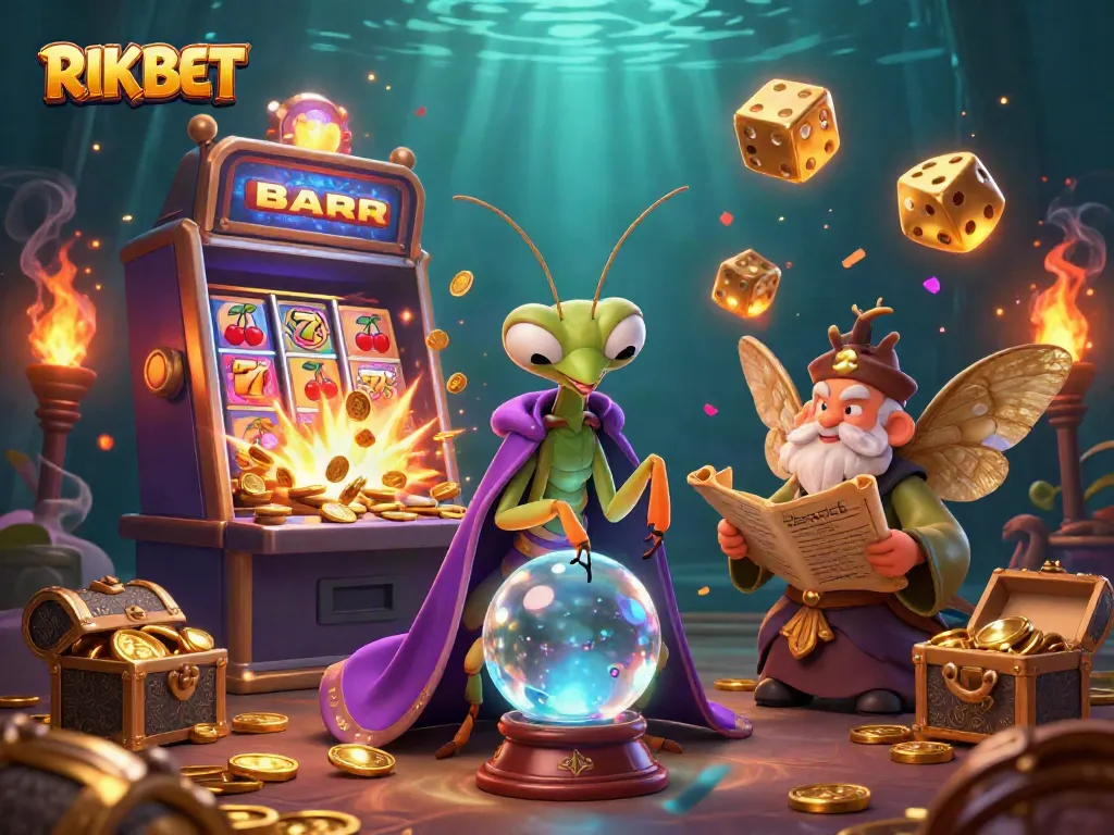 Engage in RIKBET's vibrant gaming experience with a whimsical 3D scene of fortune tellers and jackpots.