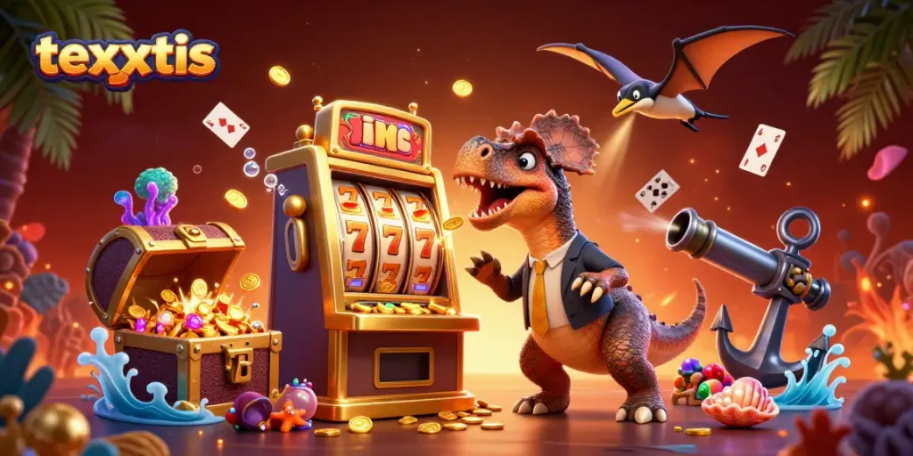 Keseruan texpertis saat dinosaurus mengalahkan mesin slot dengan koin jackpot yang berhamburan.
