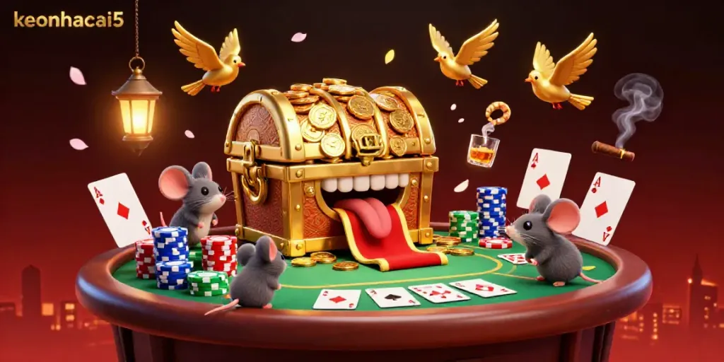 Ultimate gaming scene showcasing keonhacai5 treasure chest luring adventurer mice with poker elements.