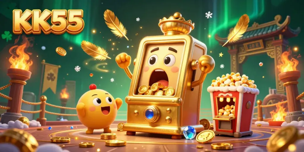Witness KK55's golden slot machine hitting a jackpot amidst cheering mini slot machines and a popcorn machine.
