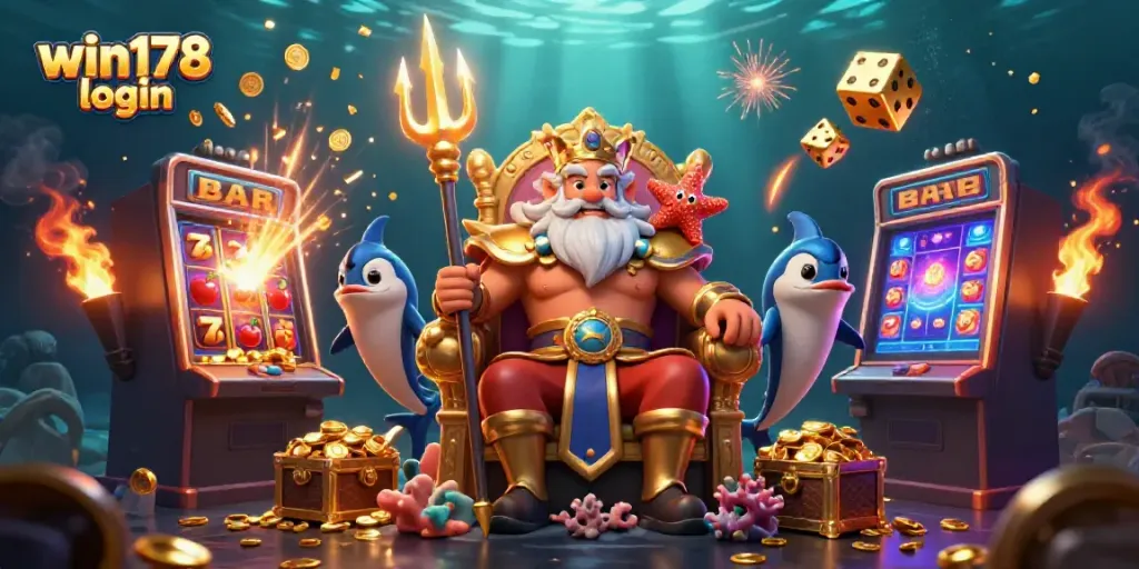 Engage with win178 login and unlock exclusive casino games with a vibrant 3D illustration featuring Neptune and slot machines.