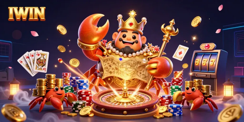 IWIN showcases a vibrant casino scene featuring a golden crab emperor and treasure map elements.