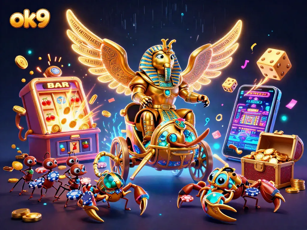 Experience the excitement of ok9 casino with a vibrant gold beetle and dynamic game elements!