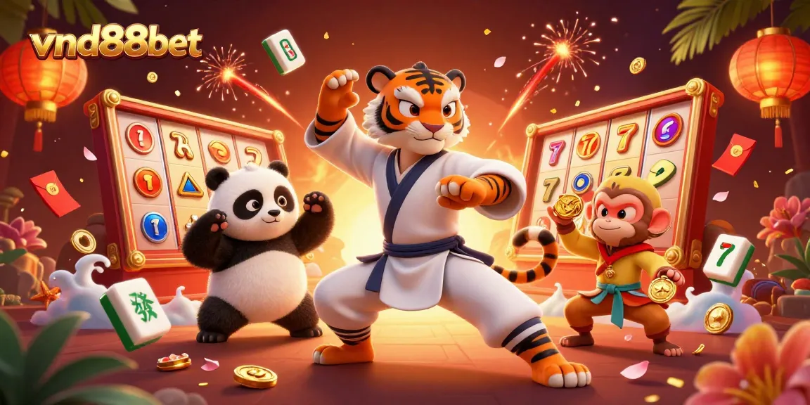 Experience thrilling gameplay at vnd88bet, featuring a dynamic illustration of slot reels and playful characters.