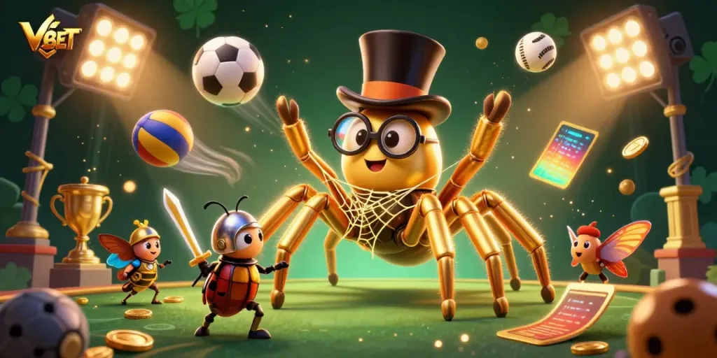 VSBET showcases a vibrant 3D illustration featuring a golden tarantula and casino elements, enhancing the gaming experience.