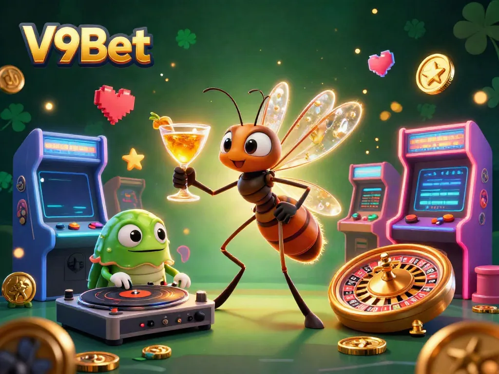 Join the excitement of V9Bet with a lively casino scene featuring a unique mascot and dynamic gaming elements.
