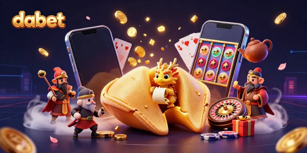 Dabet presents a vibrant 3D scene of gaming fortune, featuring golden treasures and dynamic casino elements.