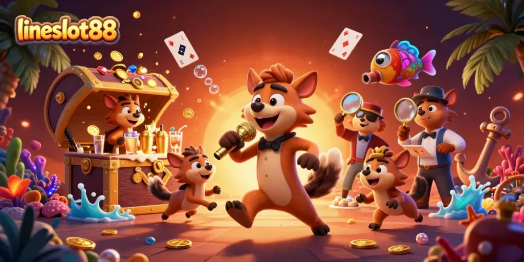Exciting lineslot88 hyenas entertain at a comedy casino club, showcasing dynamic gambling elements.