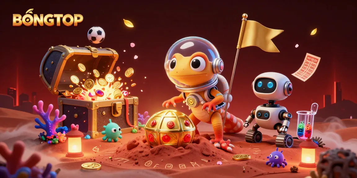 BONGTOP showcases a Martian gecko exploring a buried golden casino amidst action-packed gaming elements.