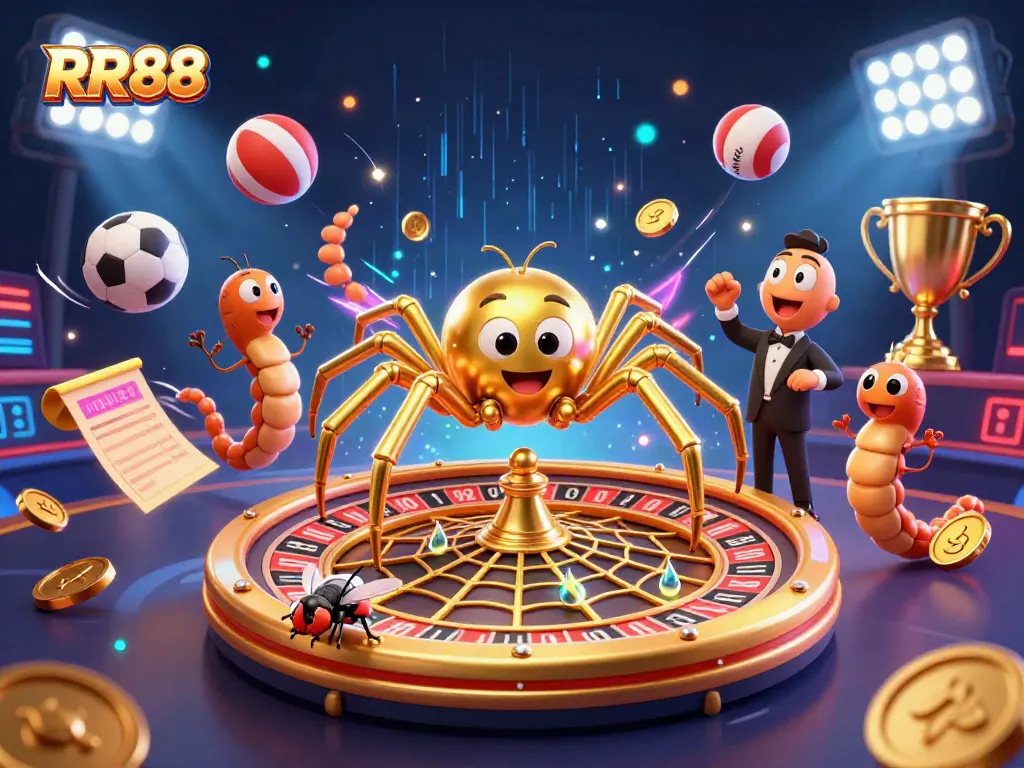 RR88 showcases a vibrant roulette scene with a golden spider and dynamic sports elements.