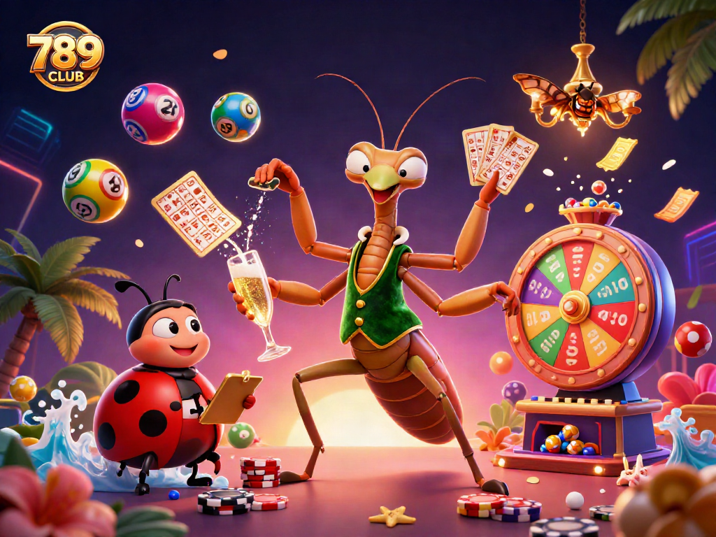 Immerse in 789CLUB's vibrant casino scene with a unique praying mantis card sharp and colorful game elements.