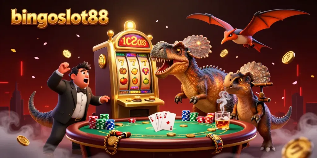 Permainan menarik bingoslot88 dengan karakter dino bertanduk yang menyerang mesin slot di kasino virtual.