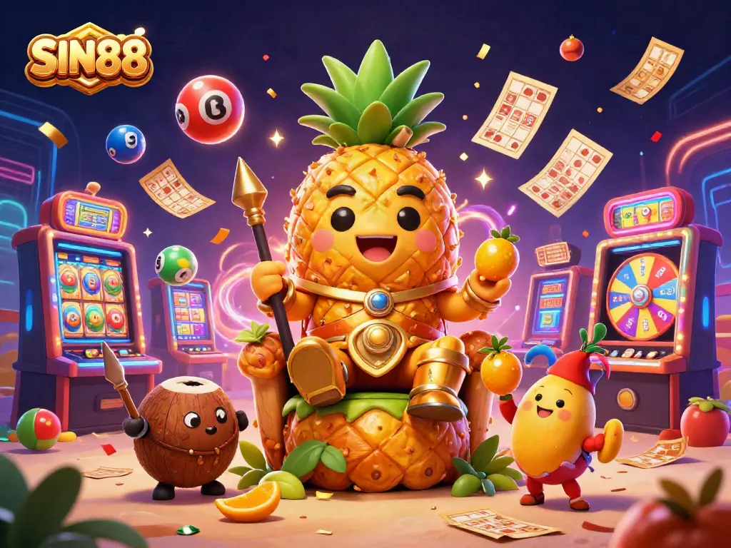 SIN88's vibrant casino scene showcases a golden pineapple king and playful elements amid dynamic gambling activity.