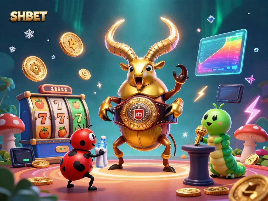 Engage with SHBET, featuring a golden stag beetle in a dynamic casino scene surrounded by classic slot elements.