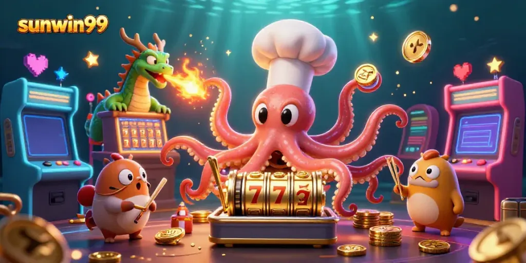Experience thrilling slots at sunwin99 with a lively casino scene featuring a chef octopus and dragon.