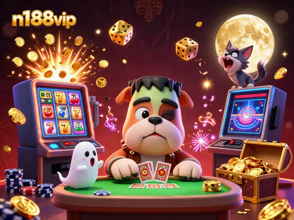 Experience the excitement at n188vip with a spooky casino scene featuring lively characters and dynamic slot elements.