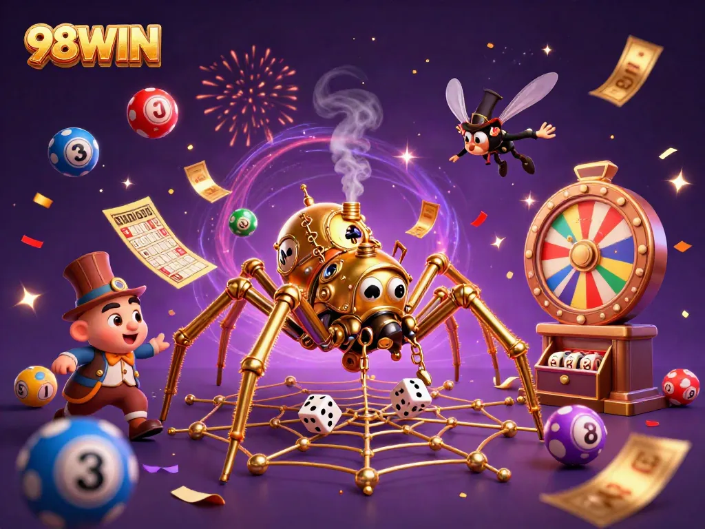 A colorful 3D scene of the 98WIN golden spider and Victorian fly gentleman amidst vibrant lottery elements, capturing gambling excitement.