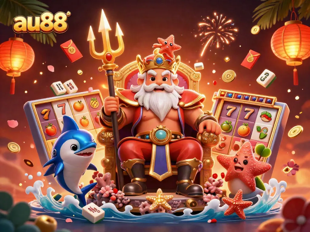 Experience the excitement of au88 in this vibrant 3D digital casino scene featuring lively characters and game elements.