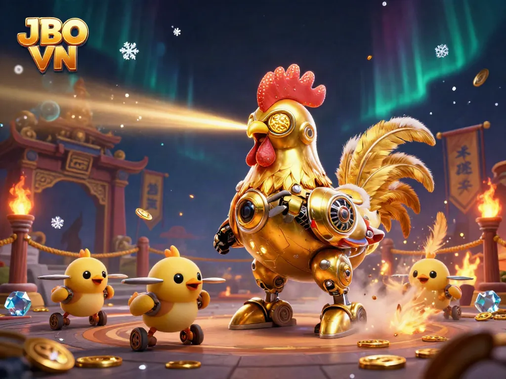 Experience the thrill with JBO VN's excited golden rooster robot and baby chick drones in a dynamic gaming scene.