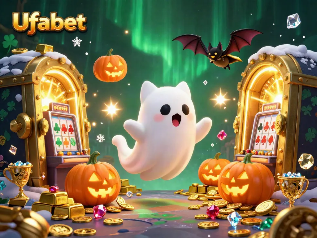 Engage in captivating Ufabet gameplay, with a friendly ghost cat and bat companion in an animated casino setting.