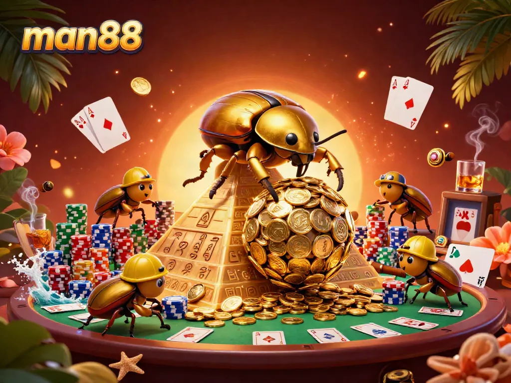 Experience thrilling gameplay at man88 with a vibrant casino scene featuring a golden dung beetle rolling coins.