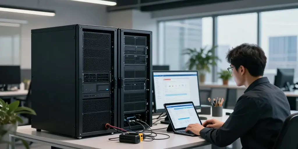 صحنه‌ای از خدمات هاست سی پنل ارزان با تکنسین IT در حال کار بر روی سرور در دفتر مدرن