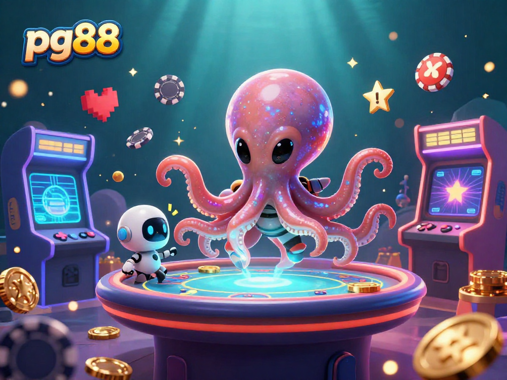 Experience thrilling gameplay at pg88 with an alien octopus dealing cards amidst floating chips.
