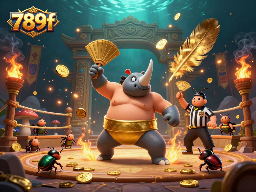 Engaging 789f gaming scene featuring a sumo champion beetle amidst flying coins and energetic atmosphere.