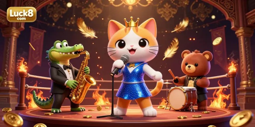 Join the excitement at Luck8 com with vibrant casino characters and dynamic gaming elements.