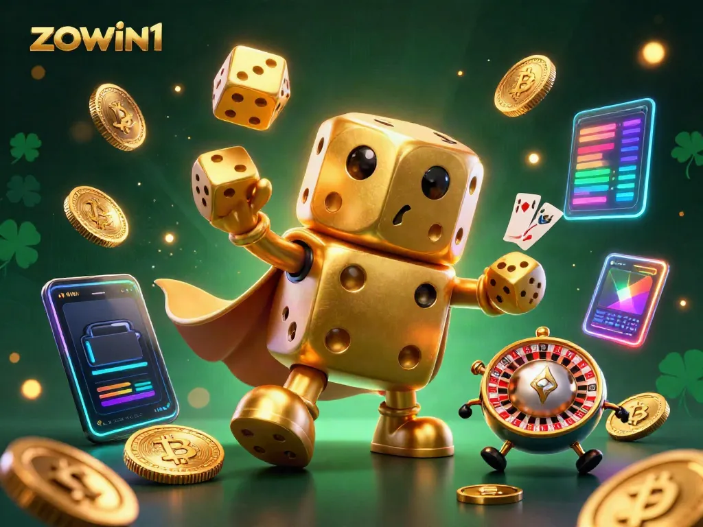 Join the fun at zowin1 with a dynamic scene featuring a golden dice golem and vibrant casino elements!
