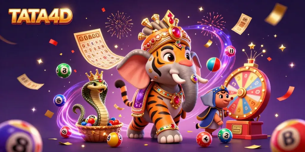 Engage in TATA4D's vibrant gaming world illustrated with a cartoon tiger and an elephant amidst colorful lottery elements.