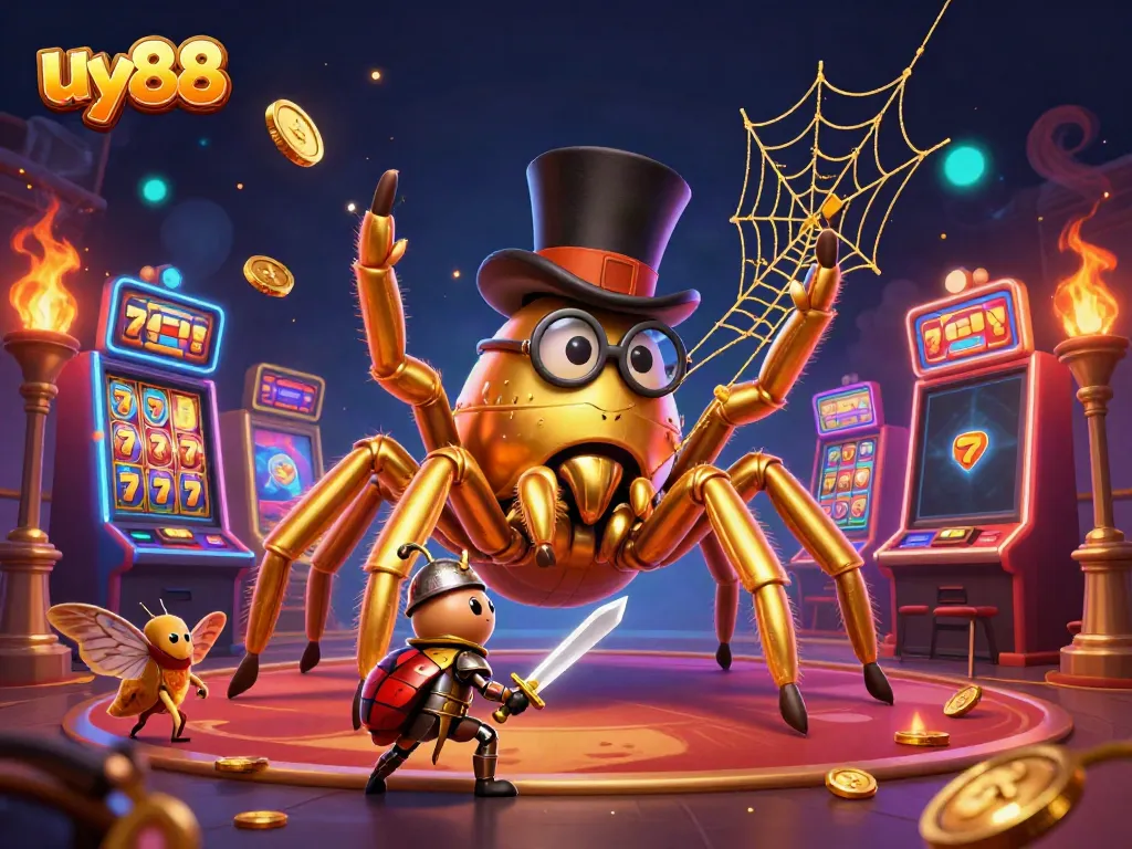 Spin the reels at uy88 with a golden tarantula, a knight, and exciting jackpot visuals!