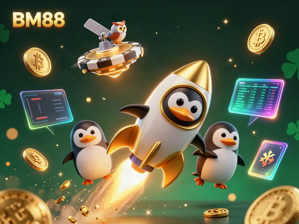 BM88 penguin rocket launching towards a golden poker chip casino with cryptocurrency elements.