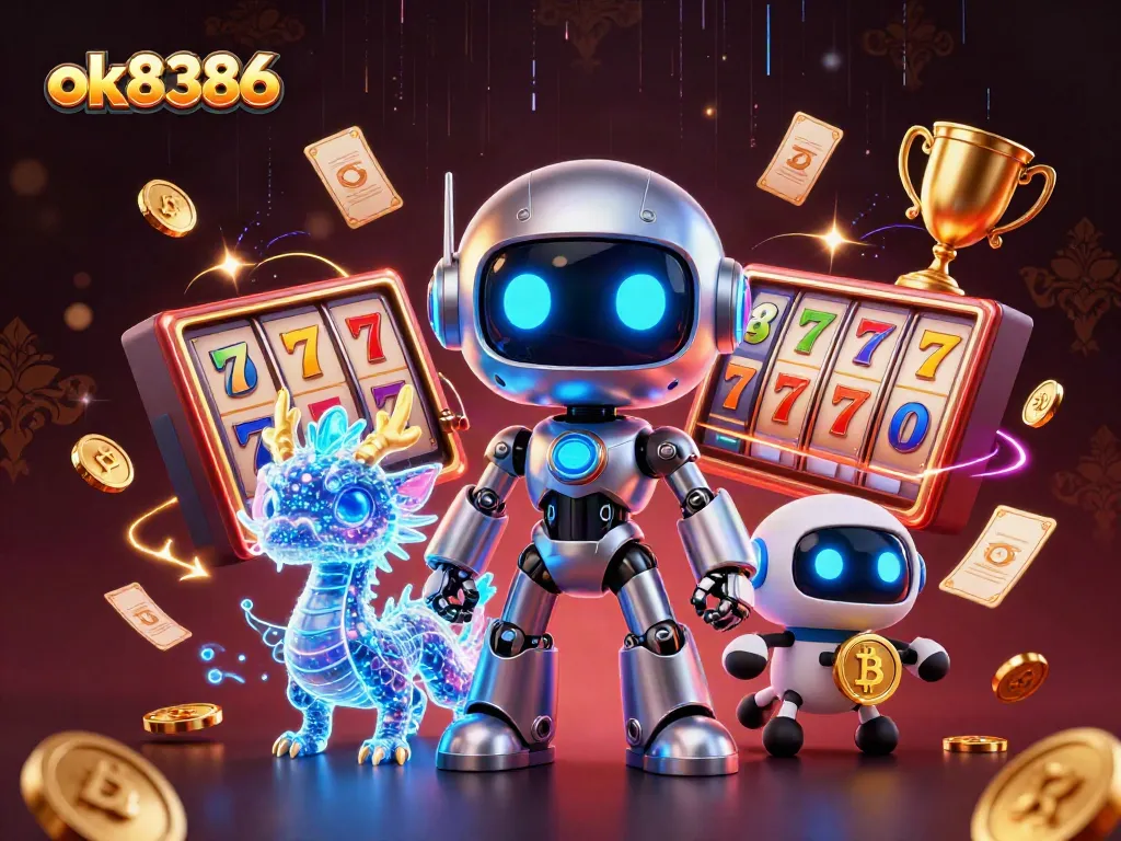 Experience thrilling slots with ok8386's stunning casino robot mascot, jackpot elements, and vibrant casino ambiance.