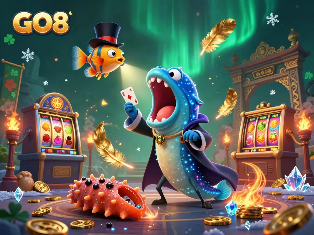 GO8 showcases a dazzling deep-sea magical casino scene with a gulper eel and anglerfish performing card tricks.