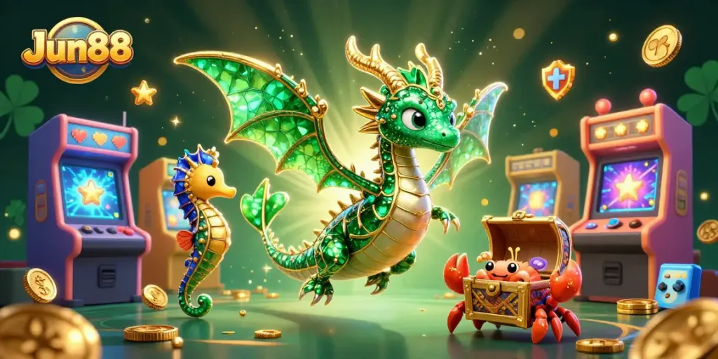 Engage with Jun88's thrilling casino experience through a vibrant underwater-themed illustration with 3D characters and games.