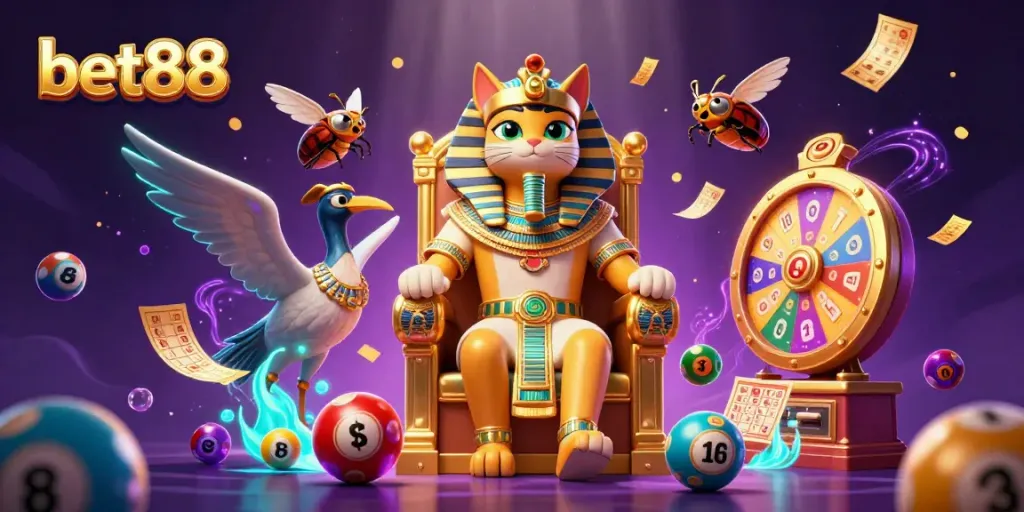 Experience thrilling games at bet88 with vibrant lottery elements and colorful characters in a captivating scene.