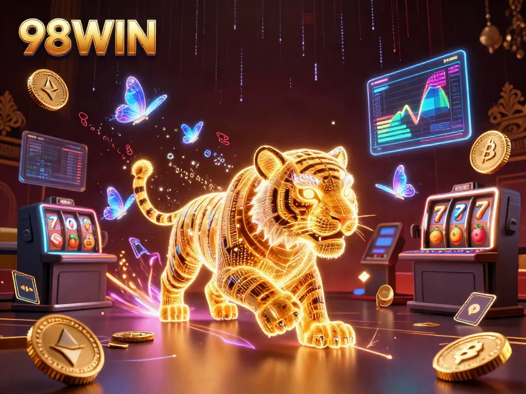 Join the fun with a 98WIN digital casino featuring a golden tiger and crypto elements.