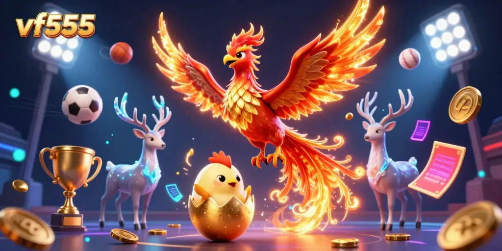 Experience vf555's thrilling atmosphere with a phoenix soaring amidst vibrant casino elements.
