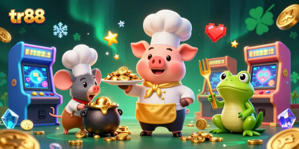 Spin the reels with tr88 featuring a chef pig serving gold coins in a vibrant casino scene.